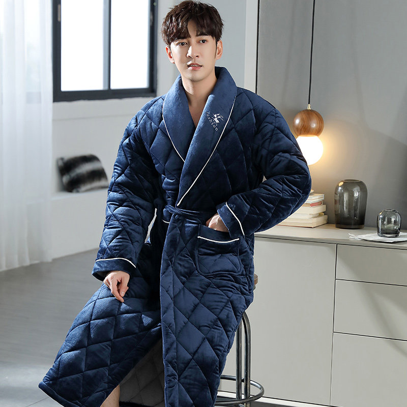 Winter men's coral suede sleeping robes thickened lengthened three layers of clip cotton warm bathrobes middle-aged gush pajamas winter