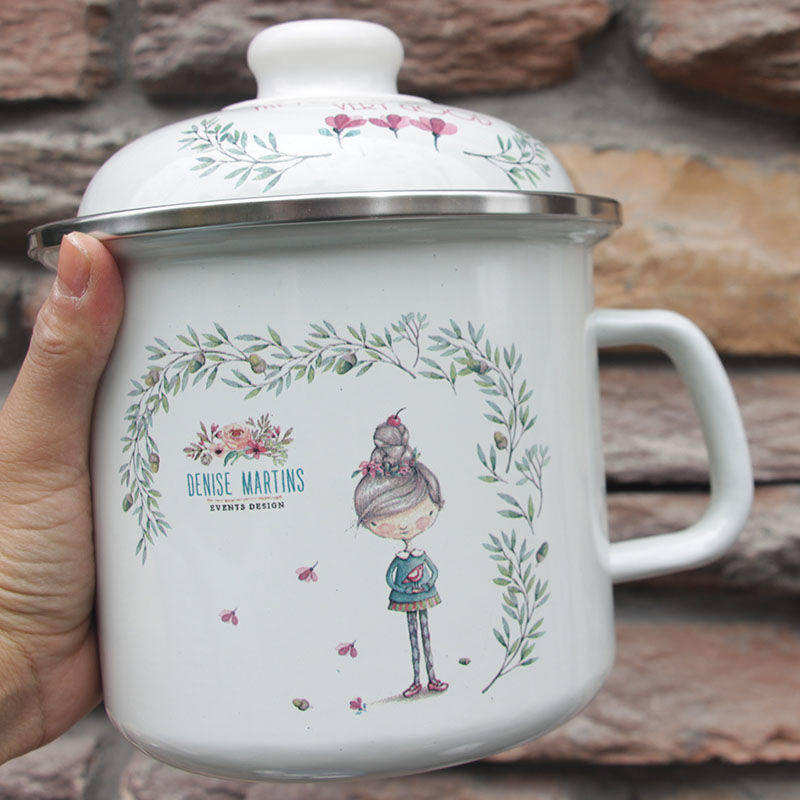 16CM enamel cup with lid large Number of water glasses Blister Enamel Tea Cylinder Nostalgic milk cup Soy Milk Cup can be heated