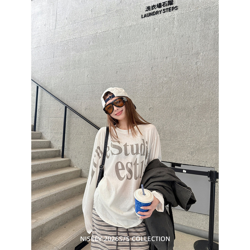 Niseey Lazy Style Letter Print Round Neck Long Sleeve T-Shirt Women's Autumn Loose White Casual Top Niseey Lazy Style Letter Print Round Neck Long Sleeve T-Shirt Women's Autumn Loose White Casual Top