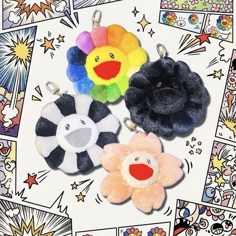 In-Stock in China: Murakami Takashi Sunflower Multicolor Black Gray Pure Black Plush Embroidered Pendant Keychain 12cm