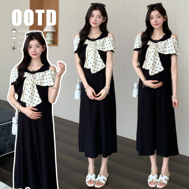 2026 New Maternity Wear Summer Dress French Style Hepburn Black Patchwork Polka Dot Bow Maternity Dress