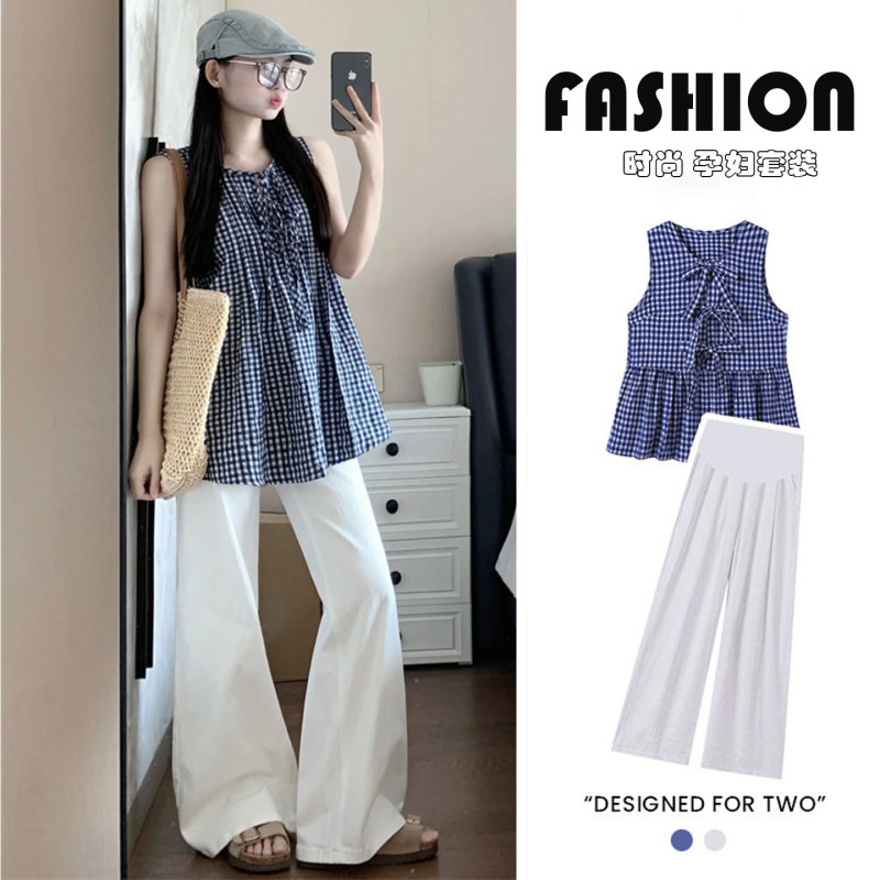 Trendy Maternity Wear for Summer, Korean Style Summer Plaid Sleeveless Top, Petite Size, Doesn'T Show Pregnancy, Stylish Set Trendy Maternity Wear for Summer, Korean Style Summer Plaid Sleeveless Top, Petite Size, Doesn'T Show Pregnancy, Stylish Set