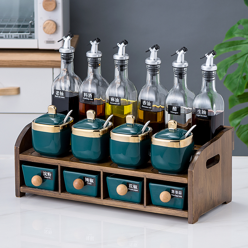 Wooden frame glass oil pot soy sauce bottle seasoning jar storage kitchen shelf Nordic light luxury seasoning box combination set