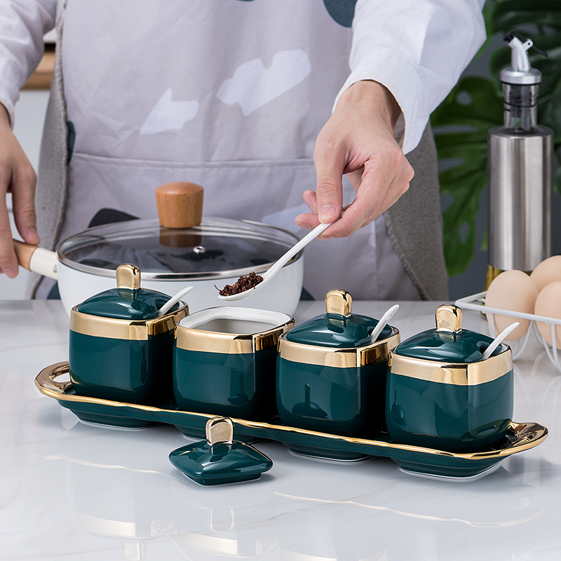 Seasoning Jar Subsuit Set family with Nordic light lavish Luxurious Salt Jar Ceramic Kitchen supplies Four sets of containing box