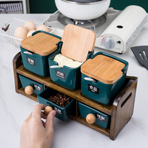 Double-layer wooden kitchen supplies Ceramic salt sugar monosodium glutamate seasoning box set Household seasoning bottle seasoning jar shelf