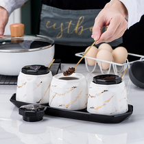 Ceramic seasoning jar set Combination emerald seasoning box Kitchen household seasoning bottle with spoon seasoning jar