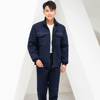 Чистое хлопок скрытый синий короткий хлопчатобумажный пальто без опознавательных знаков + хлопчатобумажные брюки