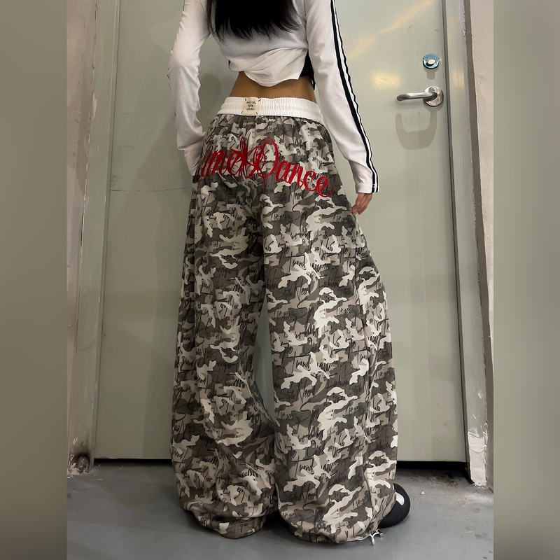 American Retro Letter Embroidery Camouflage Scimitar Pants for Men and Women, Spring and Summer Loose Drape Jazz Street Dance Casual Sweatpants
