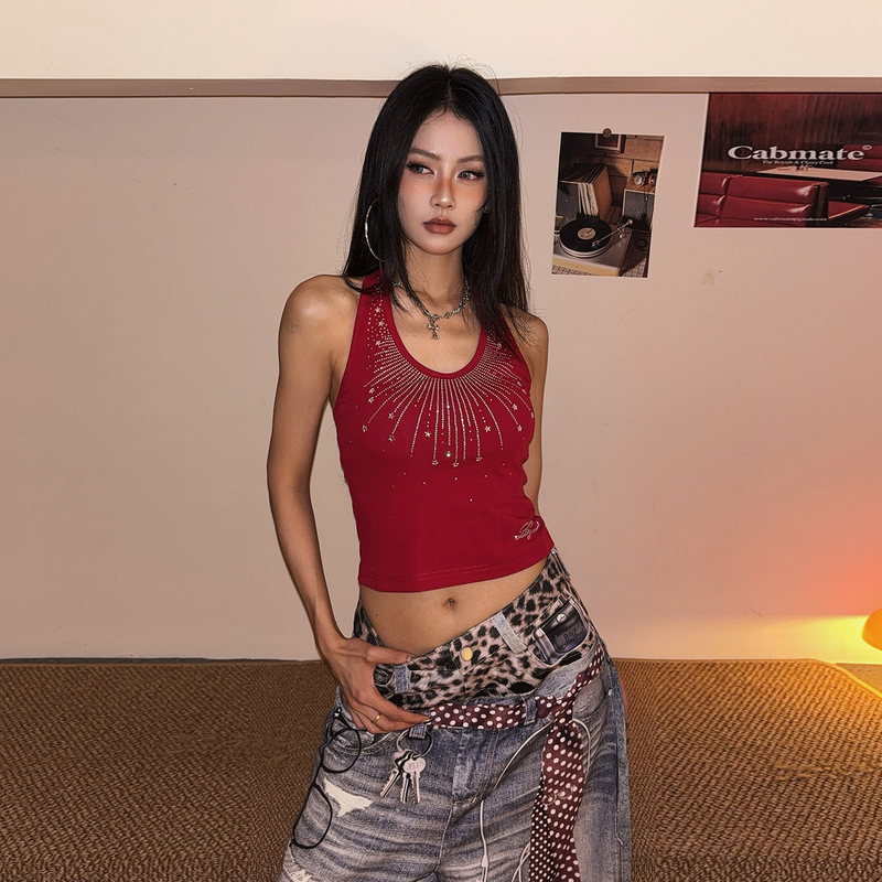 Doubled Hot Girl Star Rhinestone Halter Neck Camisole Women's Summer Sexy Backless Slim Fit Red Top