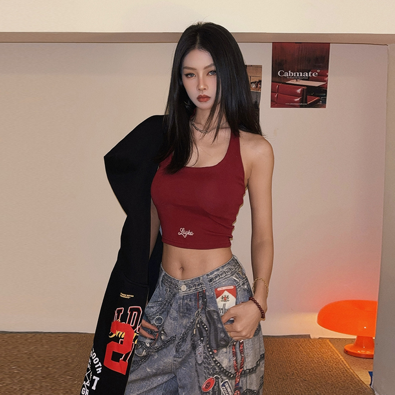 Doubled Strap Tank Top, American Retro Hot Girl Style, Unique Halter Neck Sports Camisole with Chest Pads, Inner Wear Top