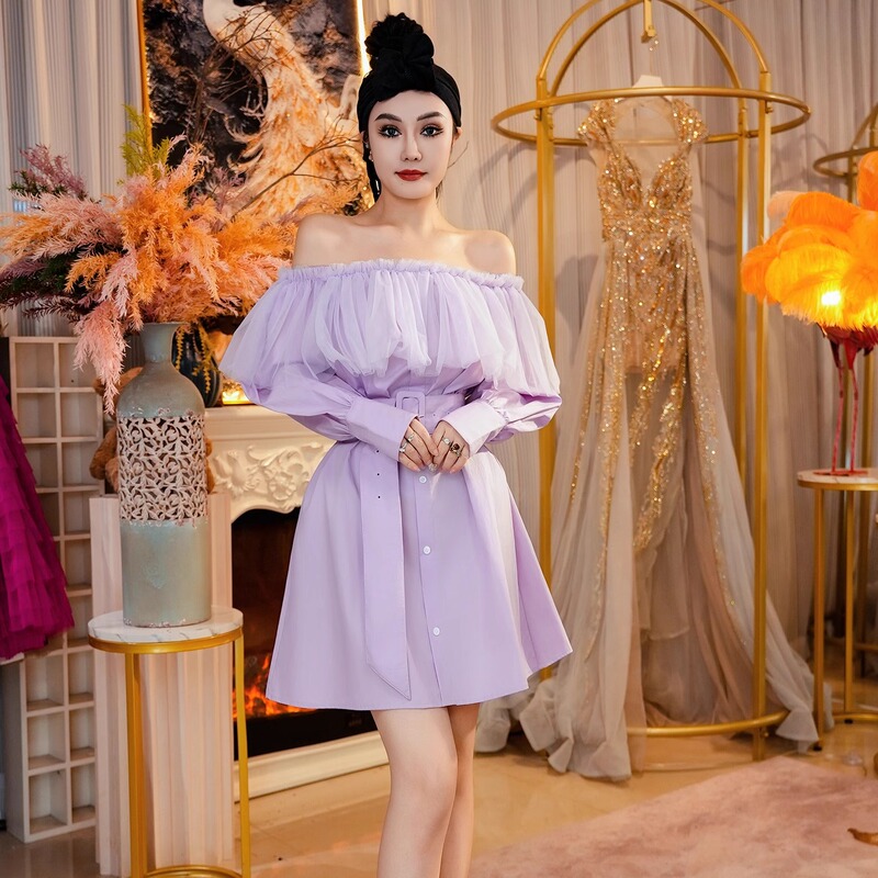 Star Original Fashionable and Stylish Shirt Dress with a One-Line Neckline Star Original Fashionable and Stylish Shirt Dress with a One-Line Neckline