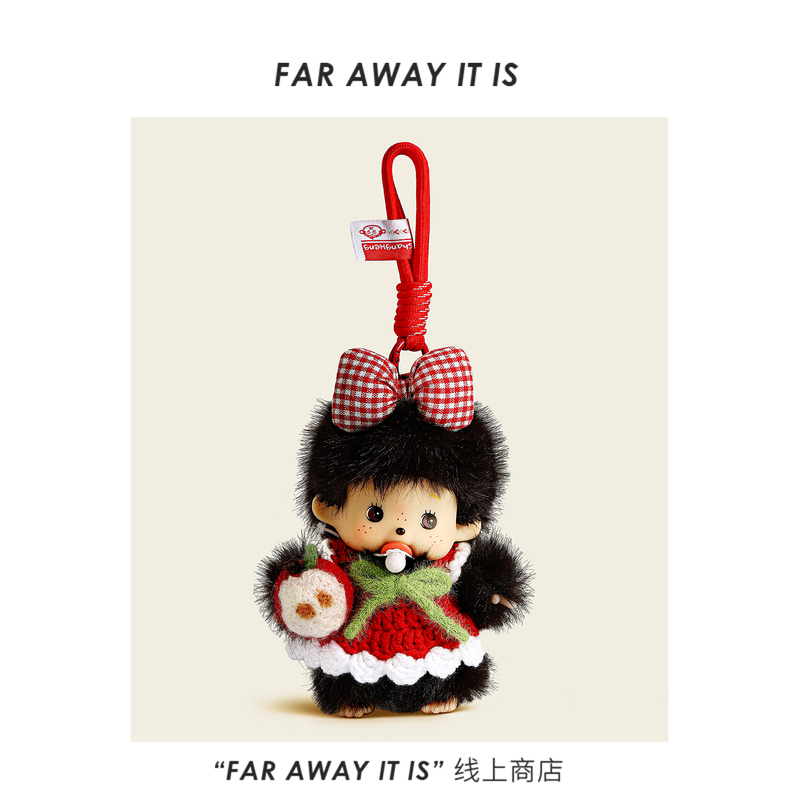 Authentic Cute Apple Monchhichi Bag Pendant Plush Doll Keychain DIY Backpack Decoration Toy Car Hanging Ornament