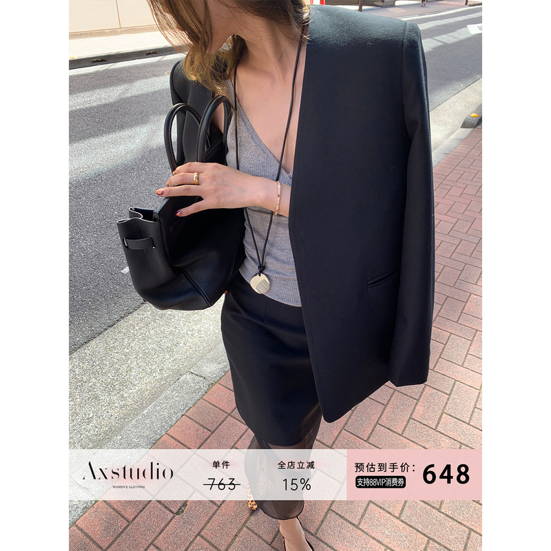 A Xin Shiny Sheep Wool Black High-End Luxury Oversized Collarless Blazer Short Jacket for Women Autumn Ax260227