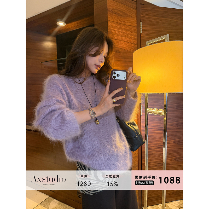 A Xin Liang Jing Jing 100% Cashmere Purple Loose Casual Long-Sleeve Knit Sweater Top for Women Autumn Ax260366