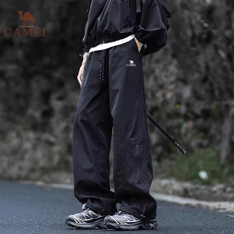 Camel Outdoor Style Straight-Leg Casual Pants for Men, Black Drawstring Functional Work Pants, 2026 Spring/Summer Hiking Pants