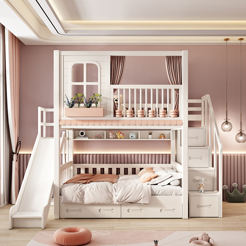 Solid wood upper and lower bunk beds High guardrails primary and secondary beds Children high and low beds Small family type Double beds Two floors up and down bed-Taobao