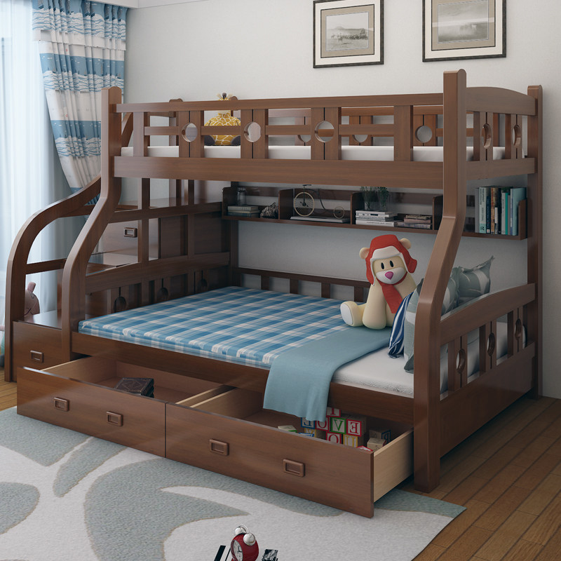 All solid wood adult upper and lower beds, high and low beds, Chinese double-layer multi-functional sub-mother beds, high boxes, simple and modern upper and lower beds