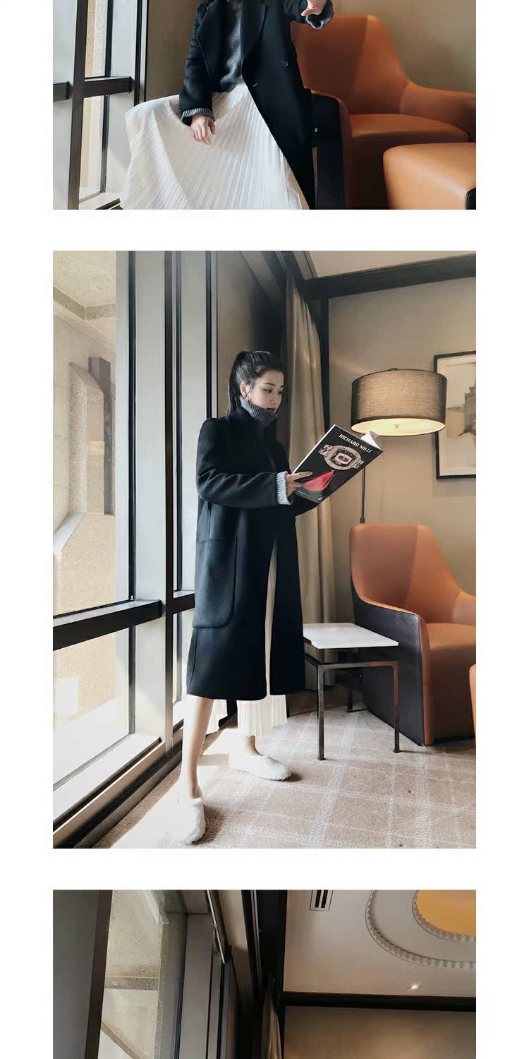 UNIQUEWHO một góc tùy chỉnh 18 mùa thu và mùa đông đen Úc len cà vạt retro cổ áo lớn áo khoác hai mặt áo khoác dài hàn quốc