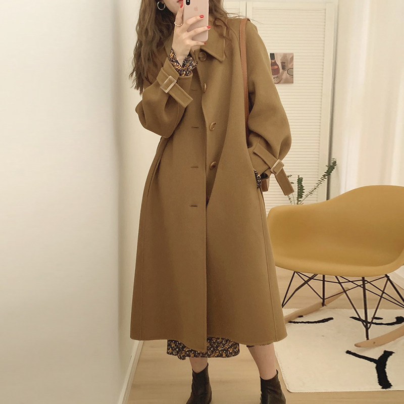 Camel wool coat woman 2021 autumn/winter new small temperament double-sided tweed coat hit Hepburn wind