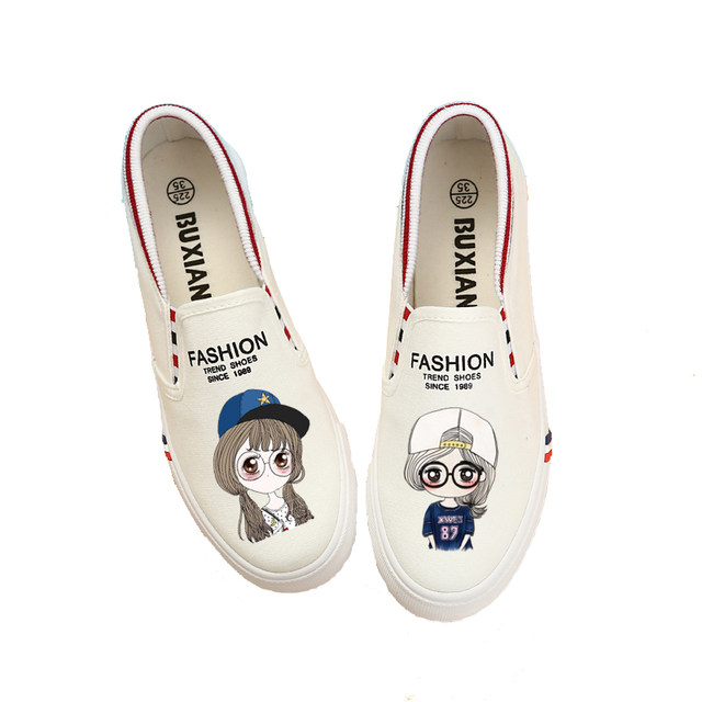 Street lazy slip-on canvas shoes for women in spring and summer all-match white shoes cartoon graffiti Korean version flat cloth shoes