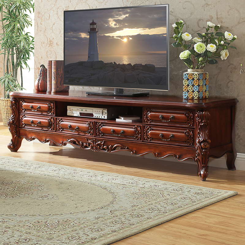 American-style solid wood TV cabinet 2 meters 2 2 meters 2 4 meters European luxury carved living room TV cabinet floor cabinet is short