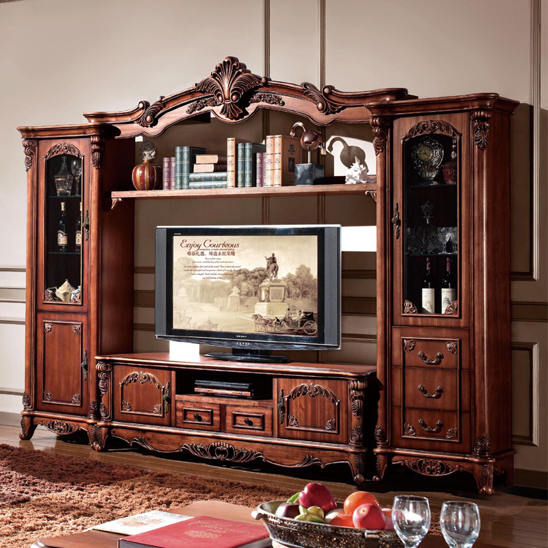 European-style carved combination TV cabinet wall cabinet luxury style American solid wood living room TV cabinet old-fashioned 2021 new