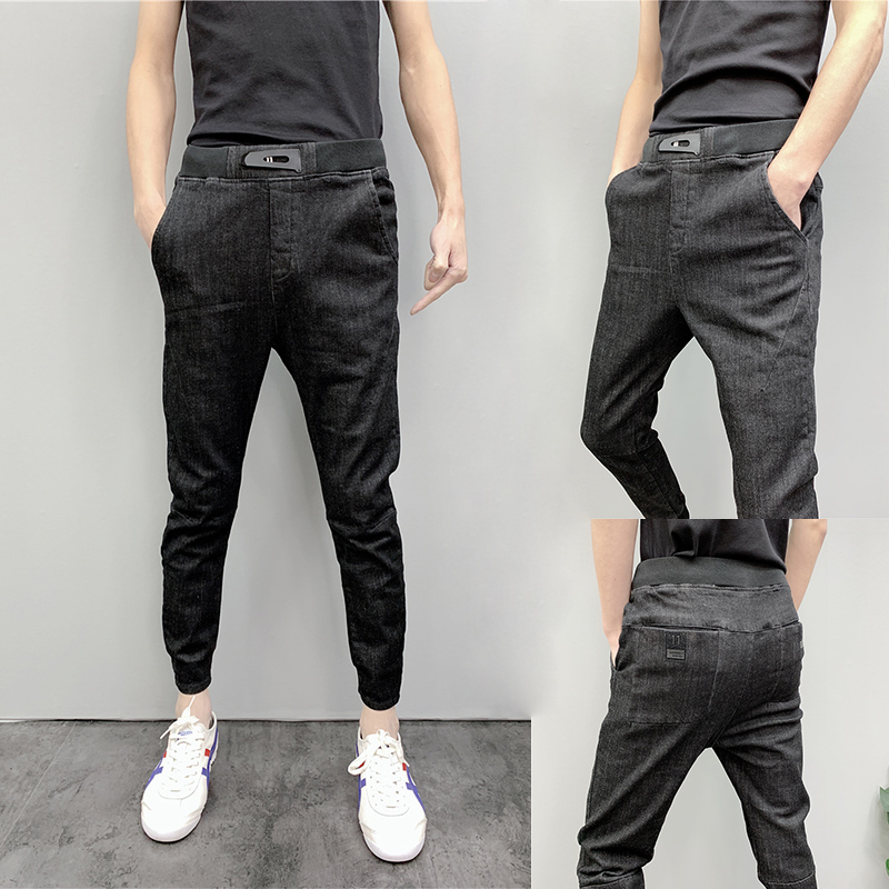 2023 Society gang pants spring and autumn men's black little feet casual jeans to repair elastic beams