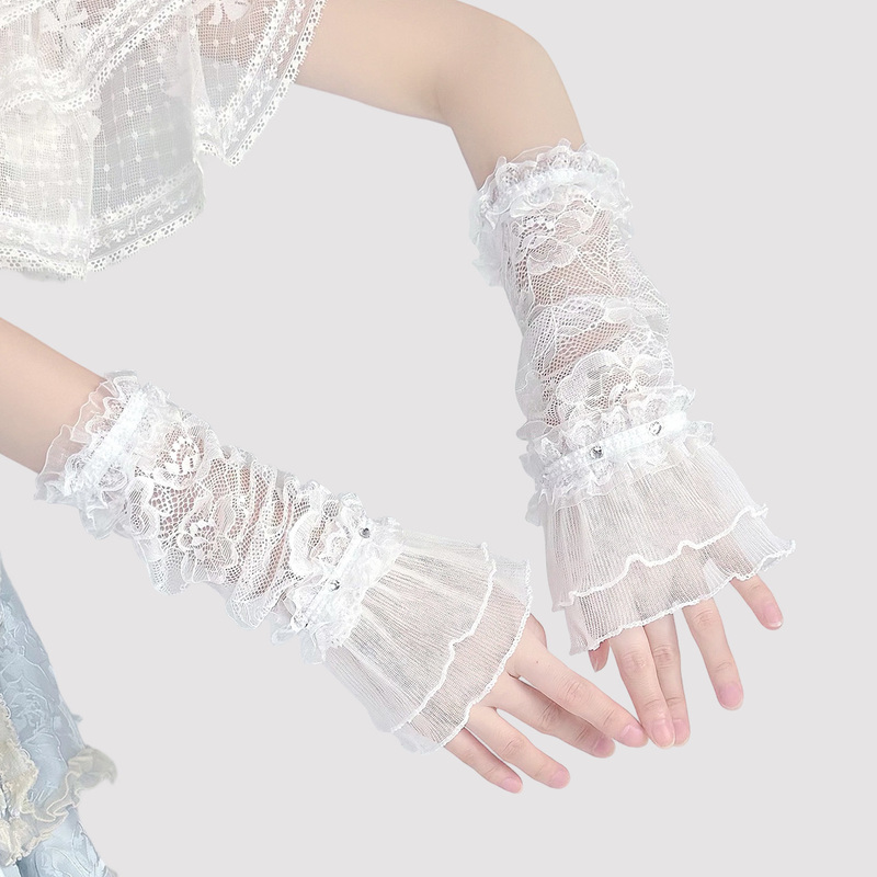Lolita White Lace Trim Rhinestone Arm Sleeves Women's Pure Desire Cosplay Wedding Dress Long Sleeves Lolita Accessories Trendy