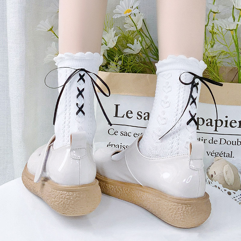 Soft girl girl jk socks Japanese cute white heel cross straps Lolita mid-tube socks pure cotton spring and autumn models