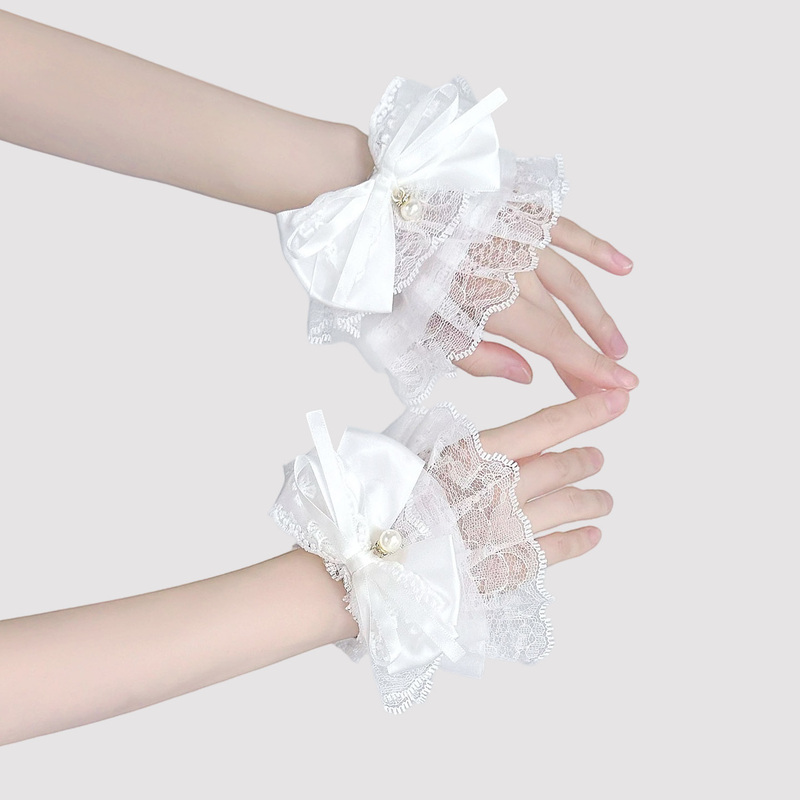 Lolita Lace Trim Pearl Bow Sleevelets Sweet Girl Jk Wrist Cuffs White Lo Sleevelets for Women