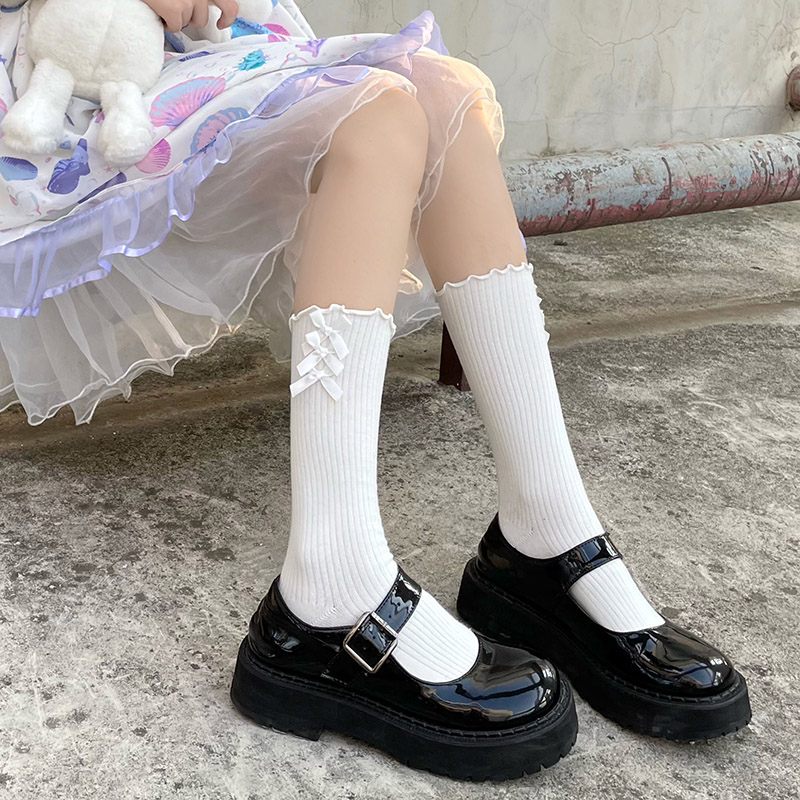 Flowers Nay Cat Sweet butterfly knot Agaric Side Calf Socks Women's Day Ensemble Cute White Midbarrel Socks Roletta Socks Cotton