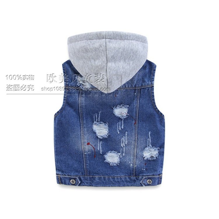 Bé trai vest hoang dã 2018 mùa thu đông mới quần áo trẻ em trẻ em denim bé trùm đầu giản dị chuỗi vest áo khoác gile cho bé gái