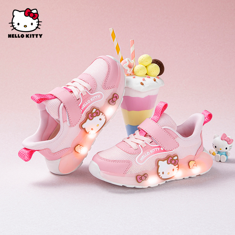 Hello Kitty Girls' Flashing Shoes Spring 2026 New Girls' Sneakers Mesh Breathable Girls' Shoes Light-Up Soft