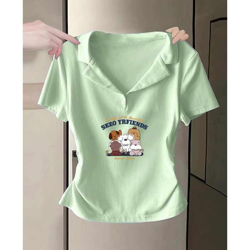 High-End Chic Hong Kong-Style Slim-Fit Polo Shirt with Short Sleeves for Women, Summer Versatile Mint Green Top