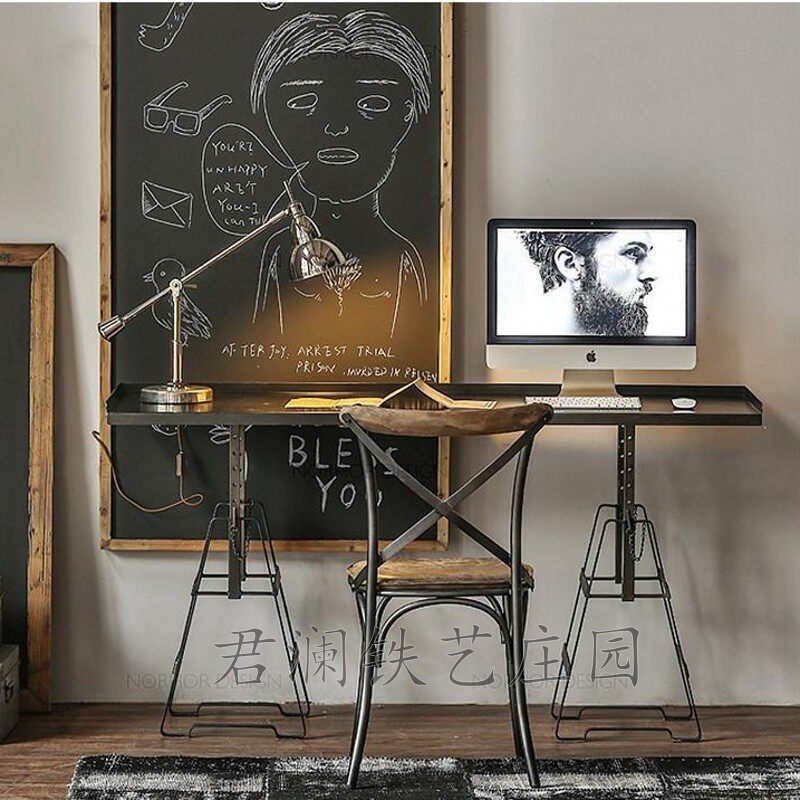 American country retro old style computer table and chair wrought iron back chair industrial desk chair iron plate solid wood dining chair