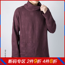 (Broken code) mens Chinese style jacquard cotton linen high neck T-shirt thin long sleeve