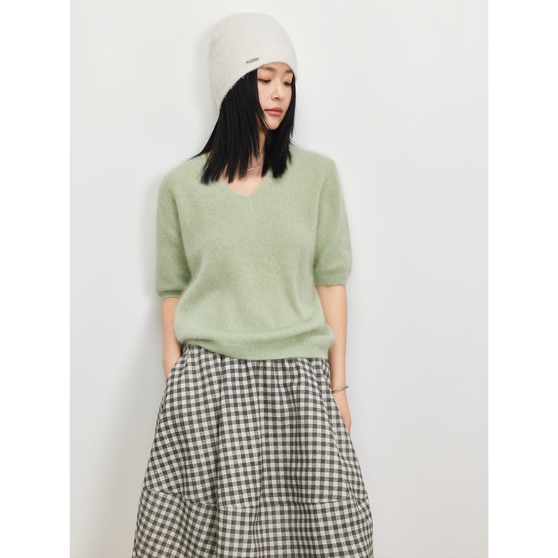 Cokoroom 2026 Autumn Light Green Minimalist V-Neck Wool and Silk Blend Loose Soft Sweater