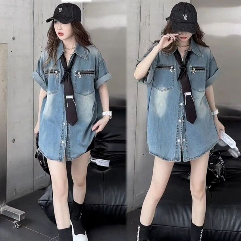 Design Sense Niche Trendy Brand Loose Shirt Women's European Summer Polo Collar Single Row Mouth Mid-Length Washed Denim Lining