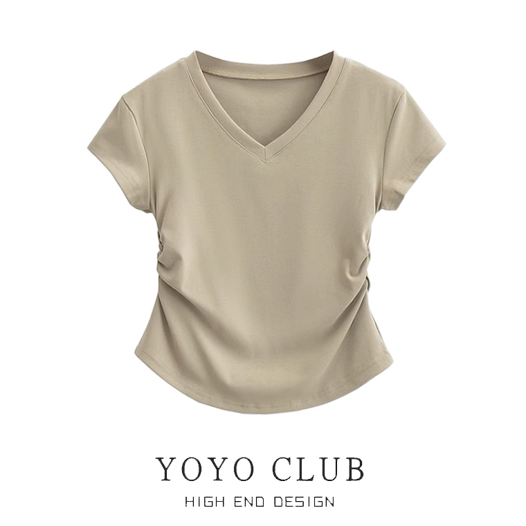 Brand Discount Summer V-Neck Regular Shoulder Short-Sleeve T-Shirt for Women, Slim Fit, Trendy Design with Ruched Irregular Top Brand Discount Summer V-Neck Regular Shoulder Short-Sleeve T-Shirt for Women, Slim Fit, Trendy Design with Ruched Irregular Top