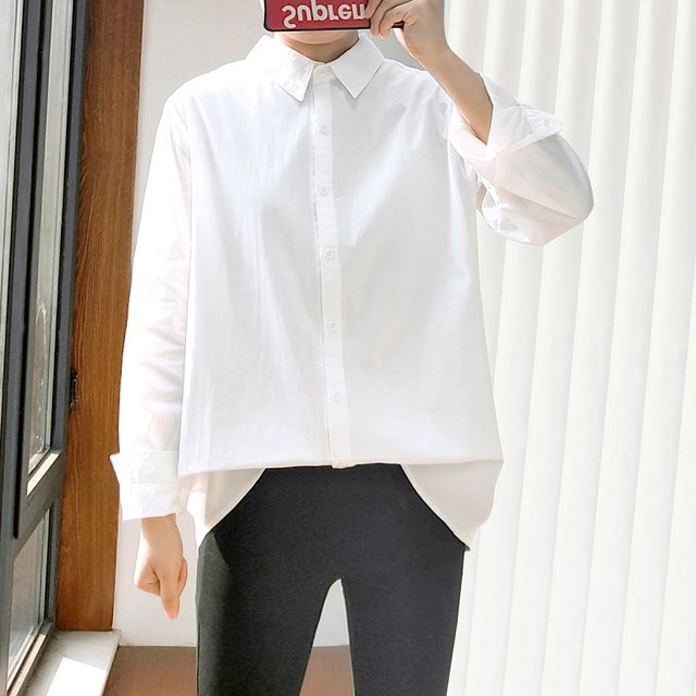 Large size white shirt for women with fat mm long sleeves 200Jin [Jin is equal to 0.5 kg] Spring and Autumn style plus fat Korean style loose slimming shirt for fat girls