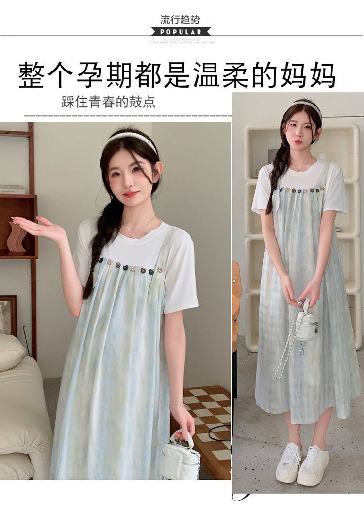 孕妇连衣裙2026新款夏季韩版时尚减龄假两件拼接吊带裙宽松孕妇装 — 5