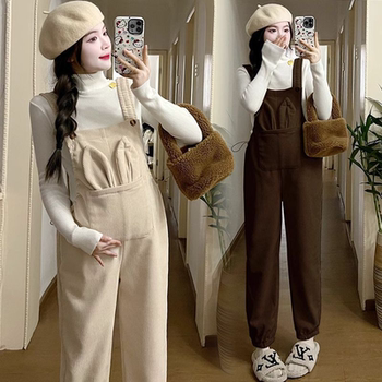 Maternity Wear Autumn and Winter Overalls Set 2025 New Style Petite Pregnant Mom Casual Loose Fleece-Lined Long Pants Two-Piece Set