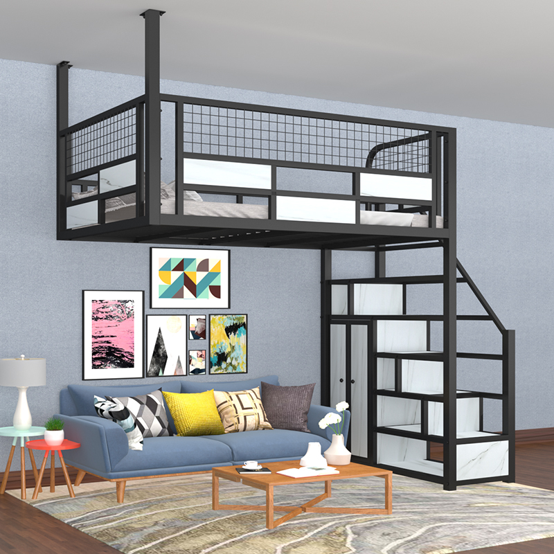 Loft Bed with Elevated Bed Frame, Suspended Hammock, Wardrobe, and Single Upper Layer for Small Apartments