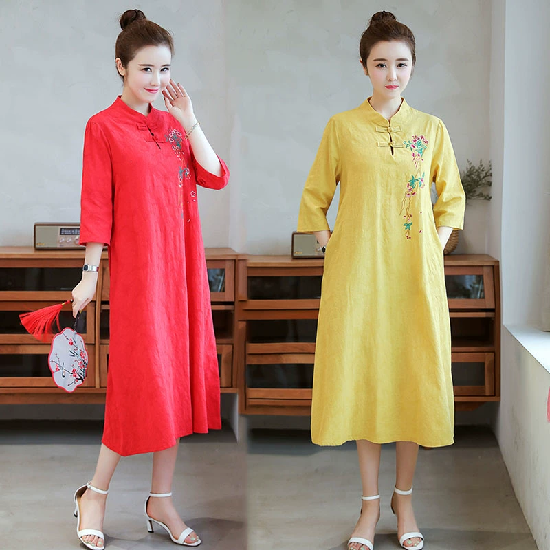 Phong cách Trung Quốc váy thêu jacquard của phụ nữ mùa thu mới phong cách quốc gia của phụ nữ nghệ thuật cổ điển khóa kích thước lớn váy dài trung - Váy dài