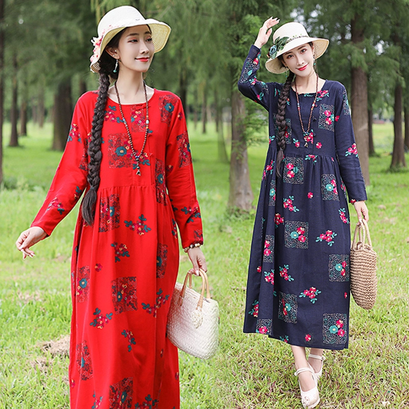 Phong cách retro cotton và lanh mùa thu váy mới phong cách dân tộc in văn học cổ tròn rộng và váy dài mỏng của phụ nữ - Váy dài