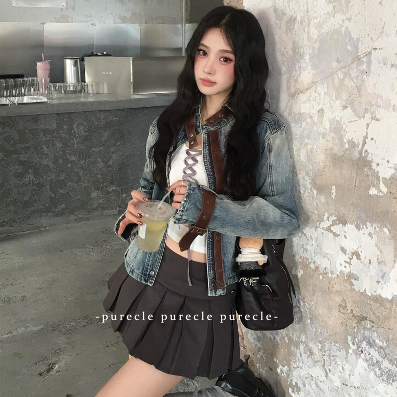 Women's Denim Jacket, Korean Style, High-End, Heavy-Duty Patchwork, Vintage Thin Top, Washed and Distressed, Short Blue Jacket