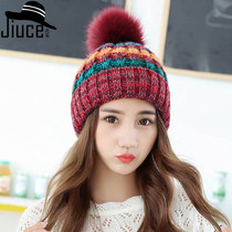 Autumn and winter hat girls new double-layer plus velvet knitted hat ladies Korean ear protection warm hair ball wool hat