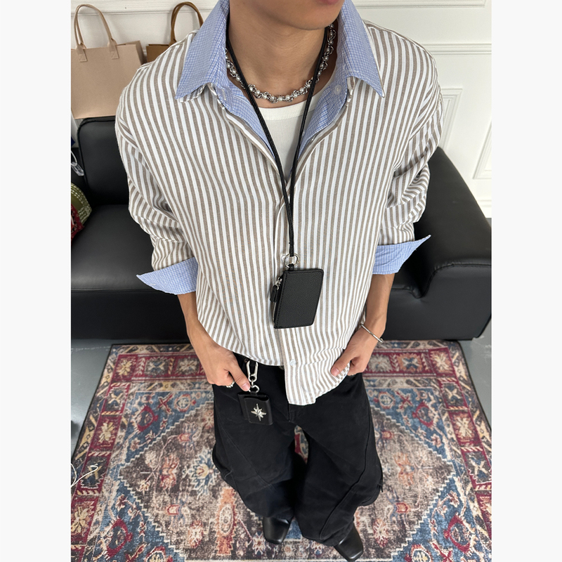 Cz2 Niche Design Color-Blocked Faux Two-Piece Reversible Unisex Loose Casual Striped Shirt with Long Sleeves and a Turn-Down Collar