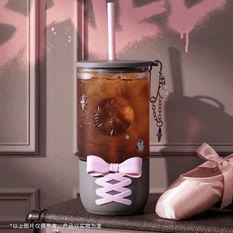 Starbucks Cup 635ml Punk Ballet Glass Straw Cup with Ribbon Design Non-Slip Silicone Base Water Cup