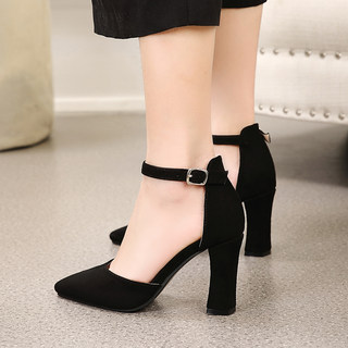 Thick heel sandals for women summer 2024 new style French toe hollow buckle single shoes mid heel pointed toe high heels